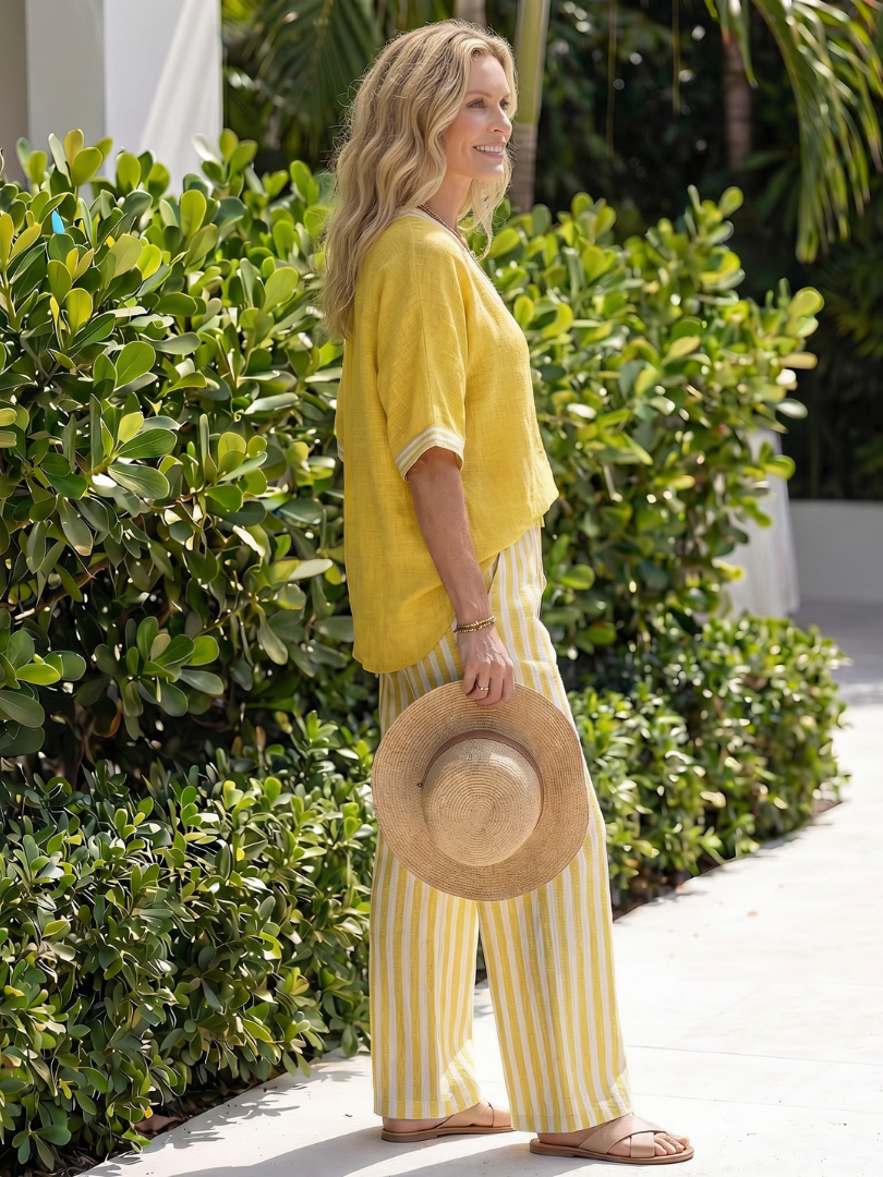 Wren - Contrast V Neck Tunic Stripe Trouser Set