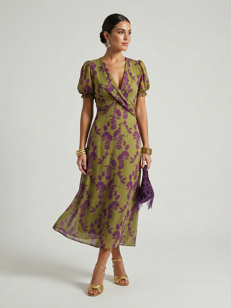 Hanna™ | Floral Wrap V-Neck Midi Dress