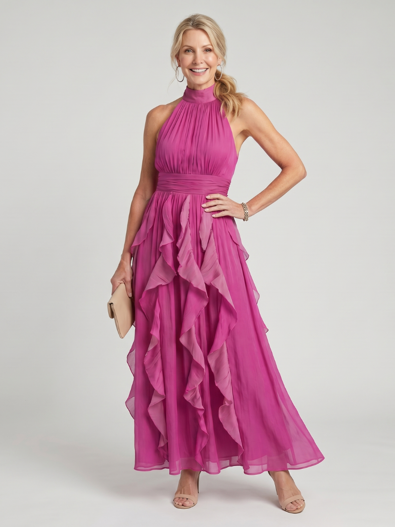 Orea™ - High Neck Gathered Ruffle Layers Maxi Dress