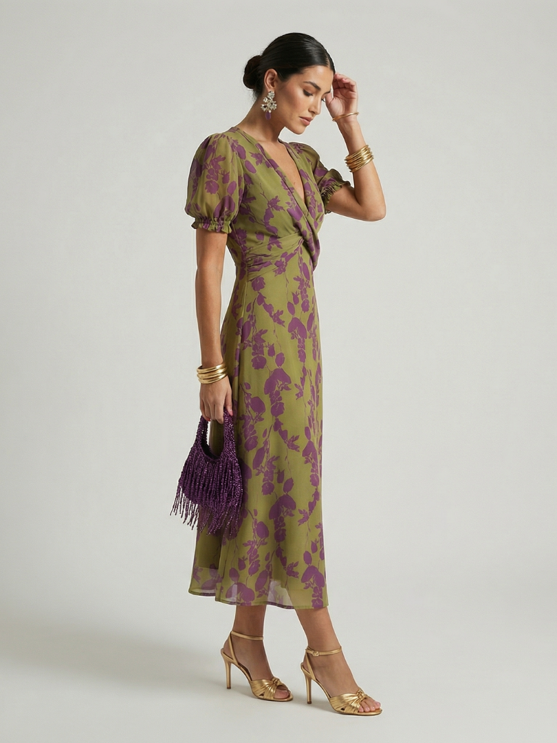 Hanna™ | Floral Wrap V-Neck Midi Dress