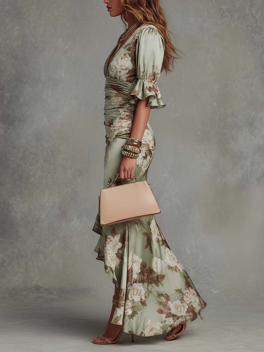 Larissa™ | Ruched Floral V-Neck Maxi Dress
