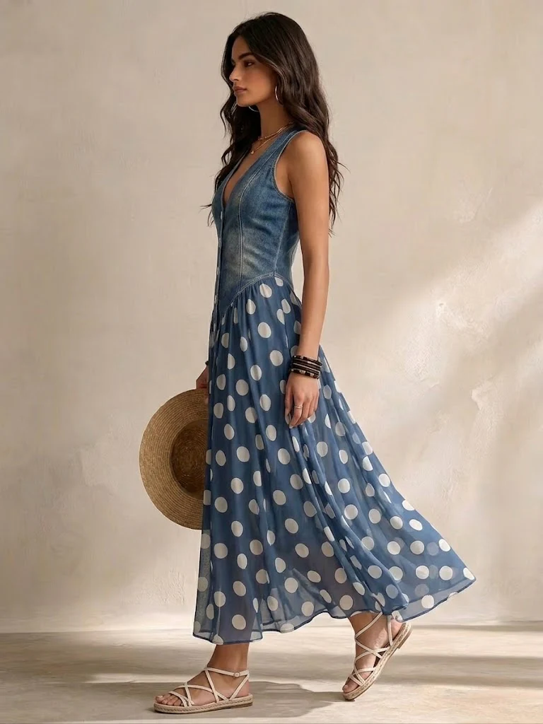 Jasmin™ | Denim & Chiffon Polka-Dot Maxi Dress