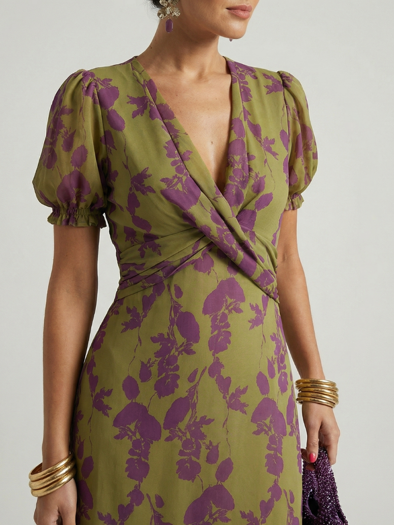 Hanna™ | Floral Wrap V-Neck Midi Dress