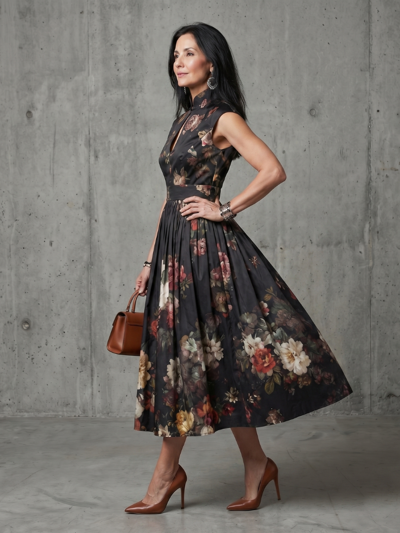 Greta™ | High-Neck Floral Pleated Midi Dress