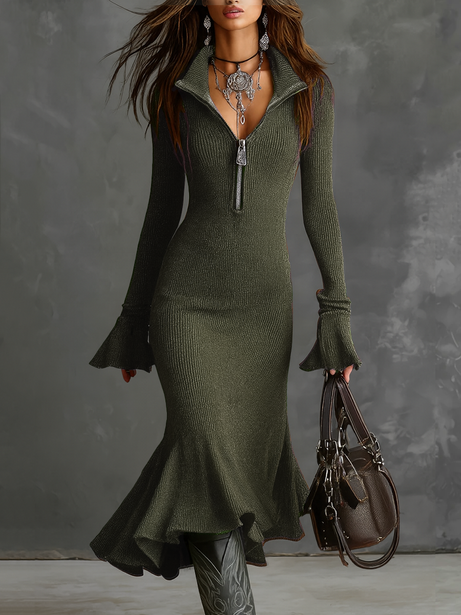 Camille™ | Zip-Neck Knit Midi Dress