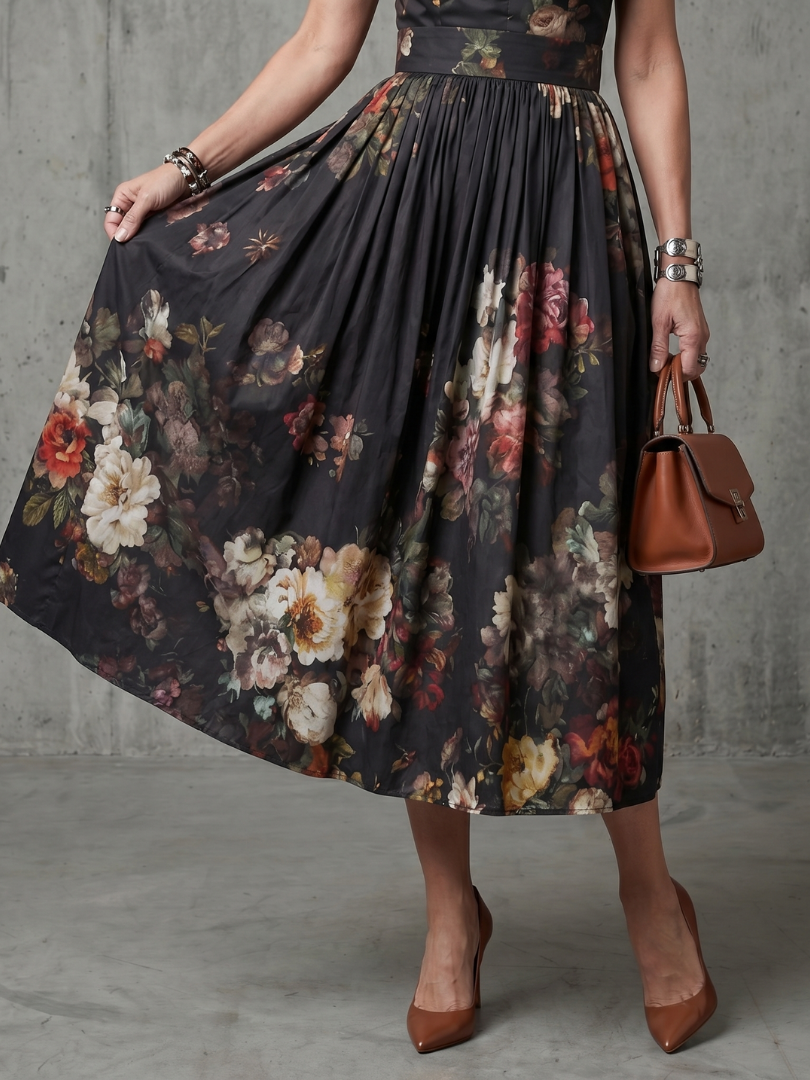 Greta™ | High-Neck Floral Pleated Midi Dress