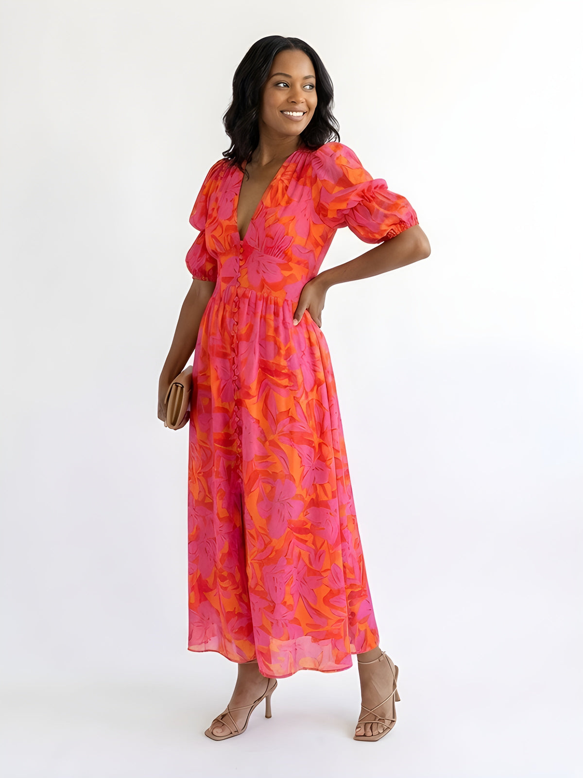 Samara™ | Floral Puff-Sleeve Midi Dress
