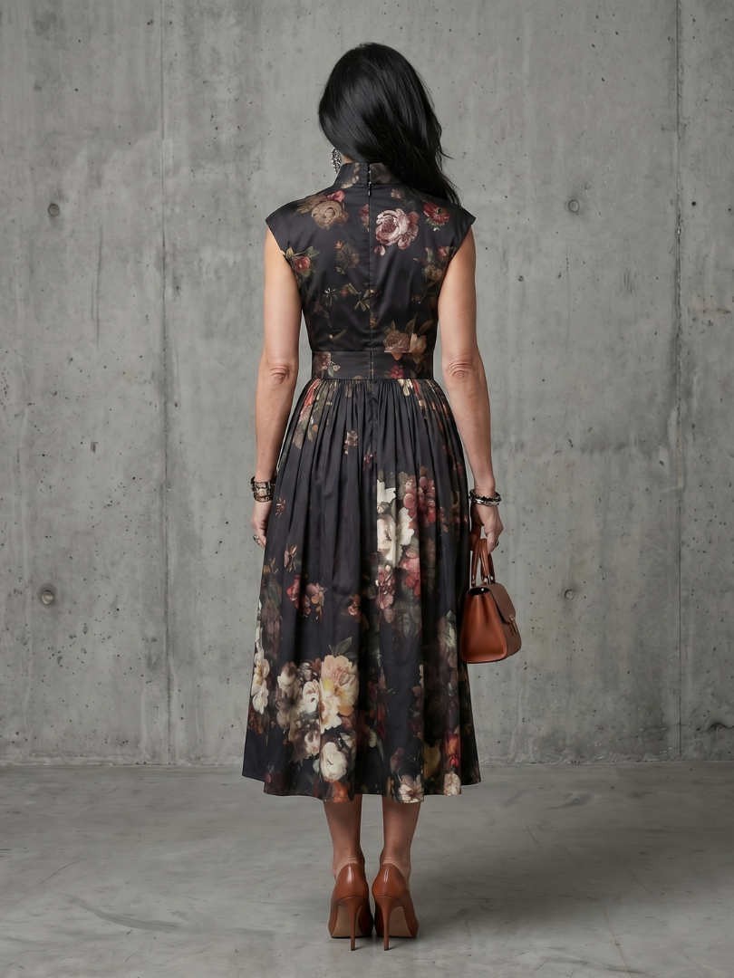 Greta™ | High-Neck Floral Pleated Midi Dress