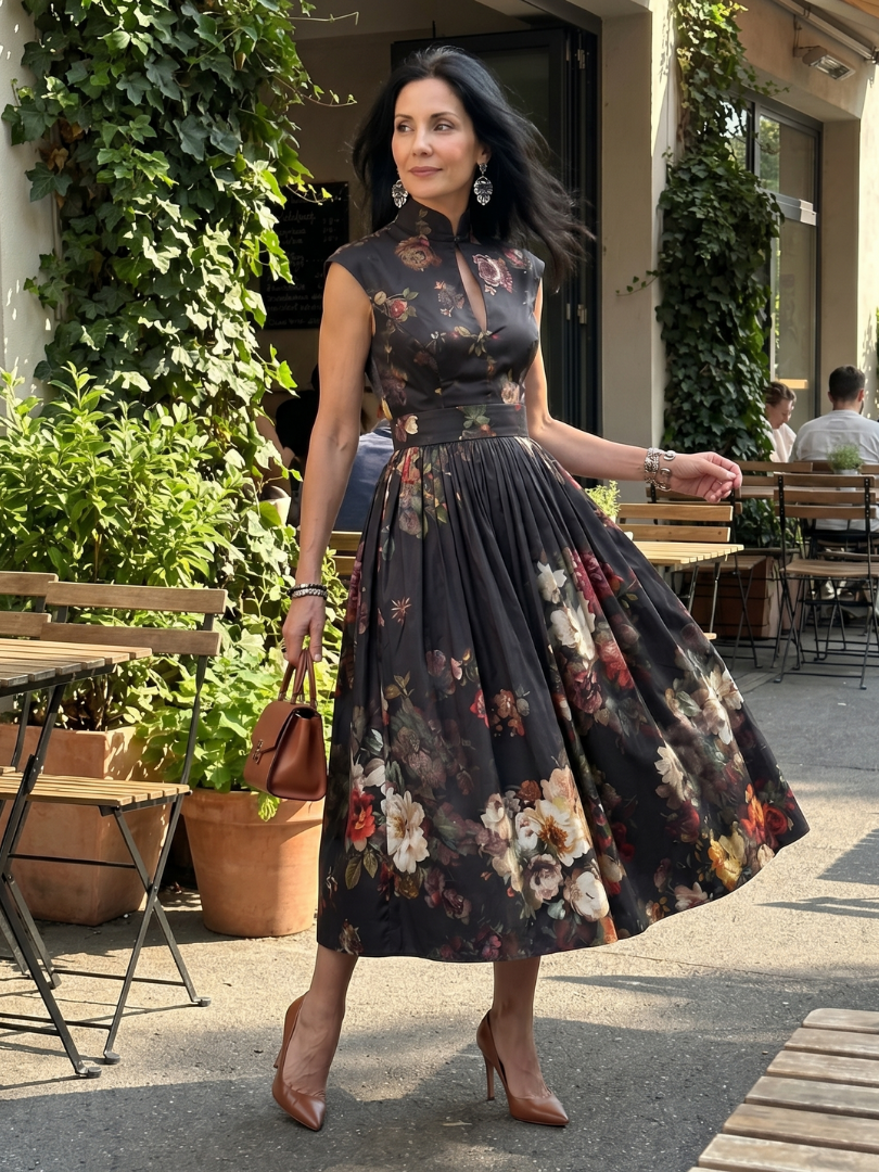 Greta™ | High-Neck Floral Pleated Midi Dress