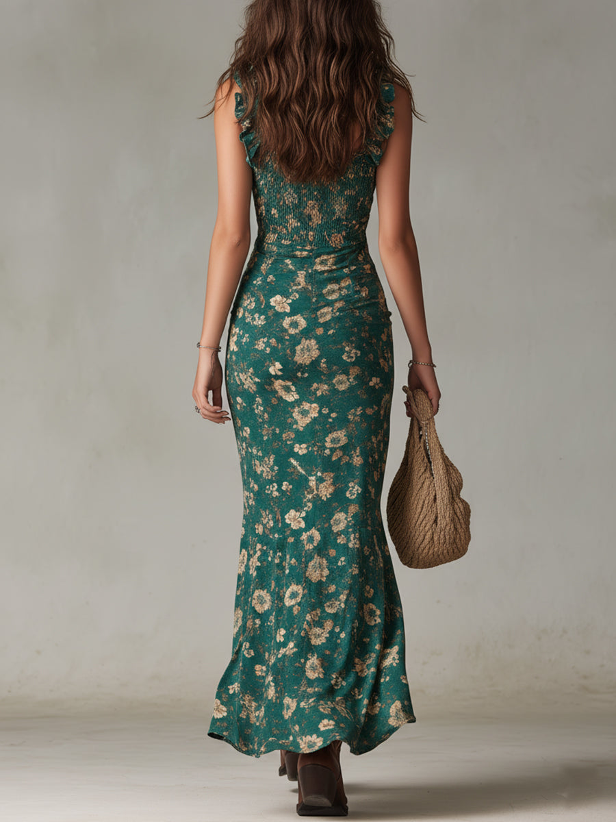Long Retro Bohemian Maxi Dress in Flowing Fabric with Puff Sleeves and Elegant Slit