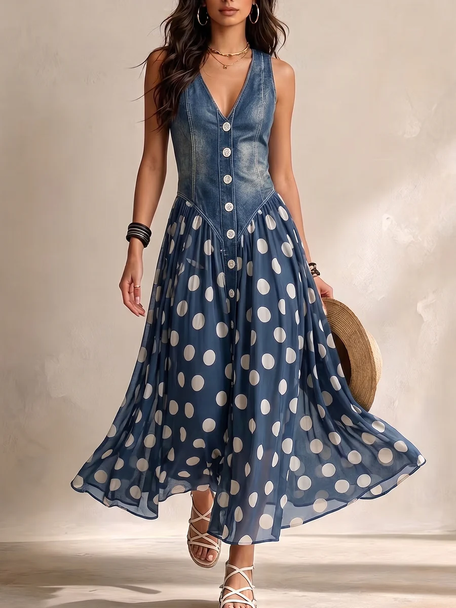 Jasmin™ | Denim & Chiffon Polka-Dot Maxi Dress