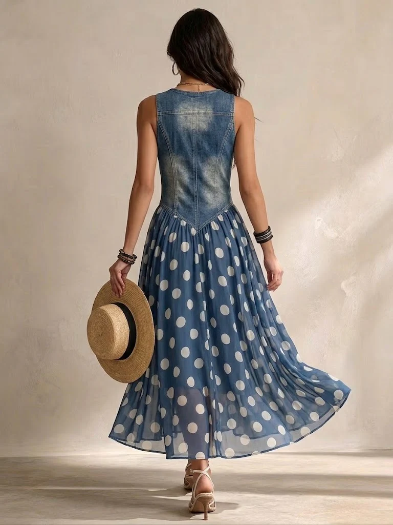Jasmin™ | Denim & Chiffon Polka-Dot Maxi Dress