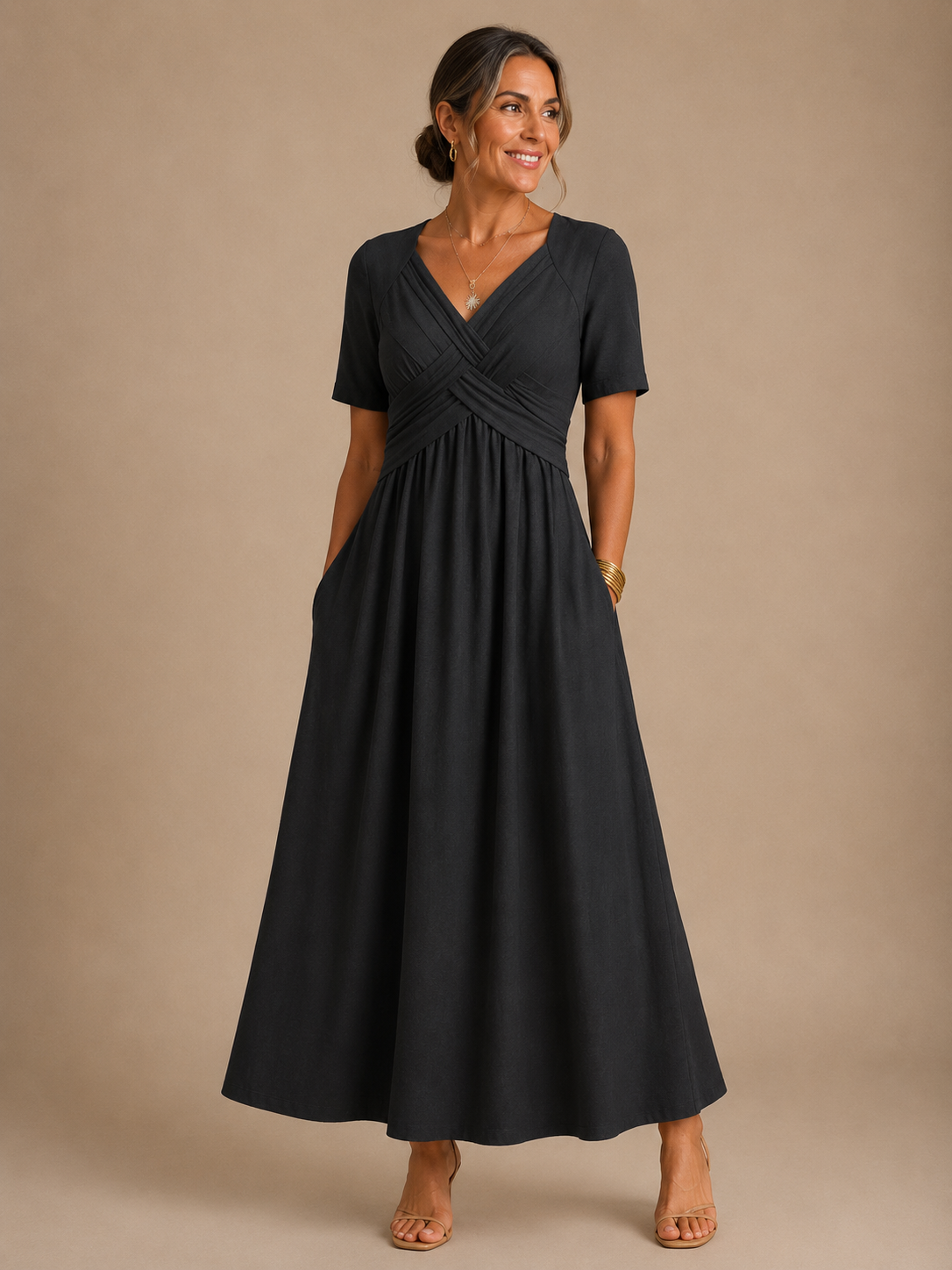 Analeia™ | Elegant V-Neck Midi Dress