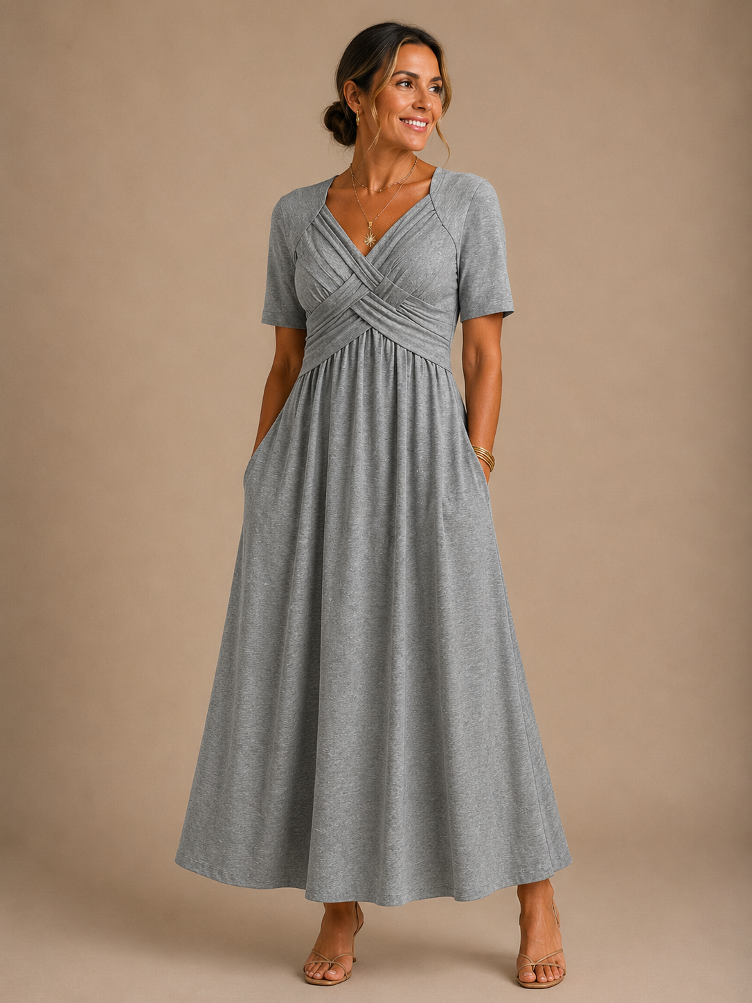 Analeia™ | Elegant V-Neck Midi Dress