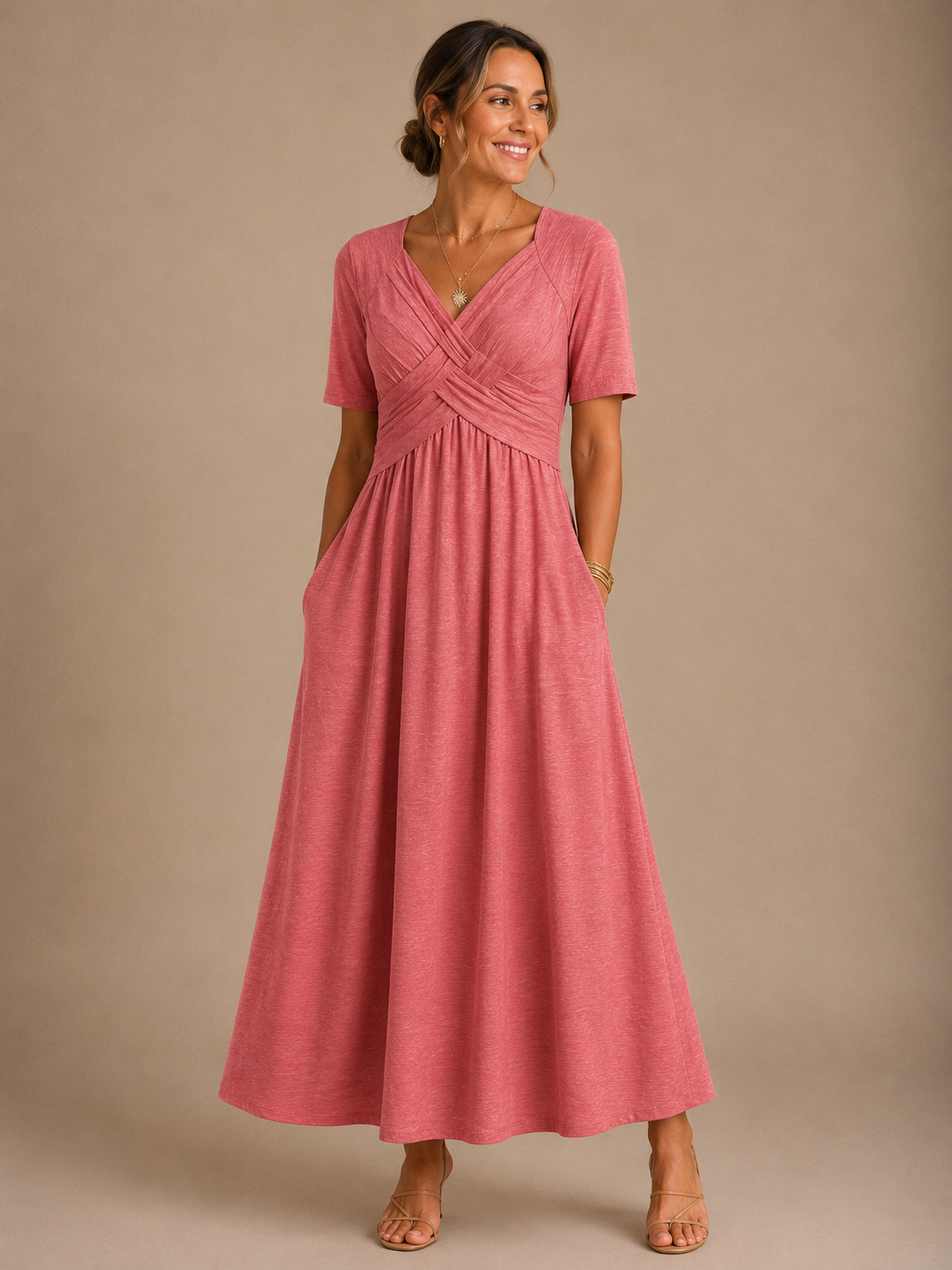 Analeia™ | Elegant V-Neck Midi Dress
