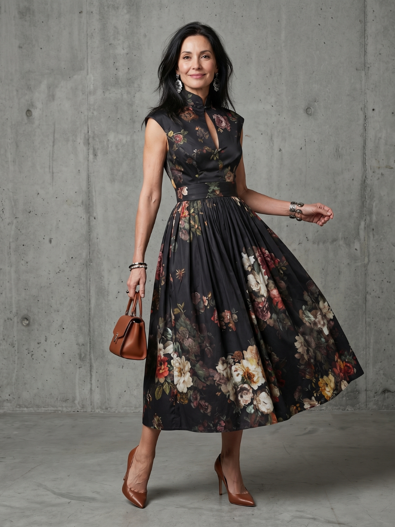 Greta™ | High-Neck Floral Pleated Midi Dress