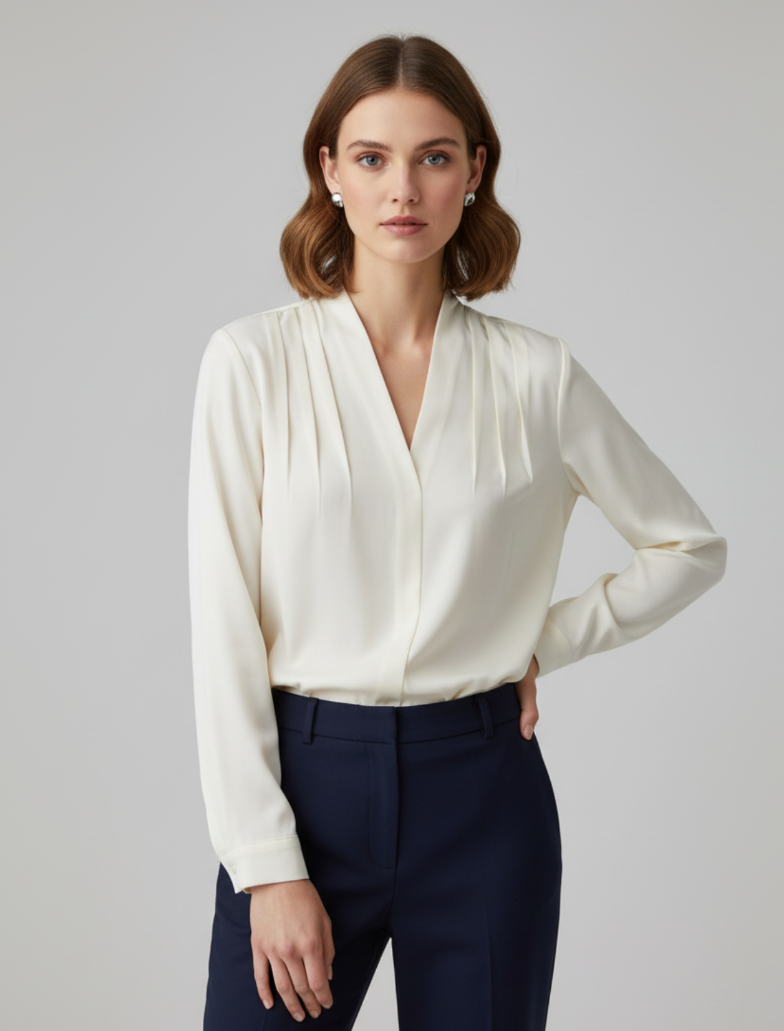 Elodie | Pleated V Neck Satin Blouse