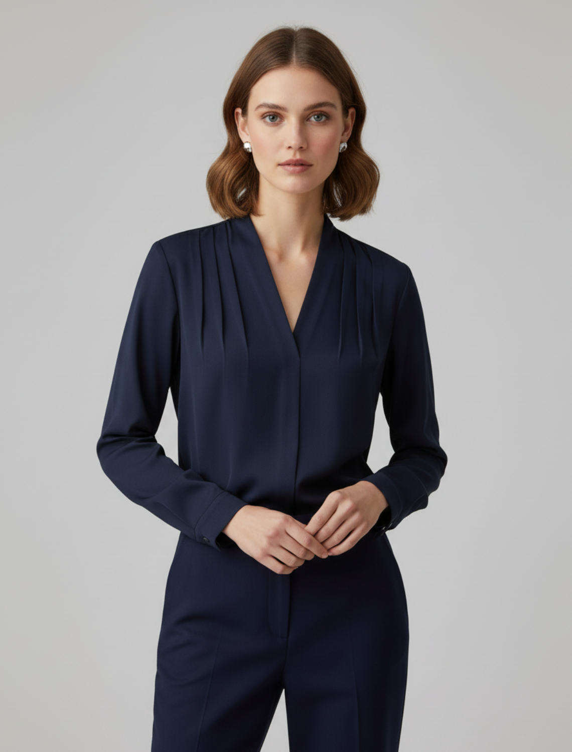 Elodie | Pleated V Neck Satin Blouse