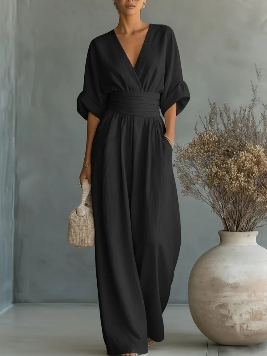 Elegant V-Neck Dress, Backless with Flowing Sleeves