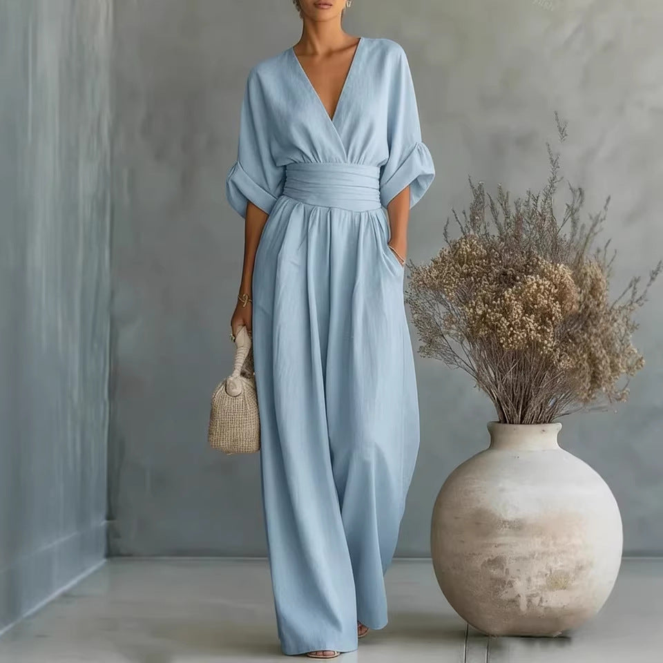 Elegant V-Neck Dress, Backless with Flowing Sleeves