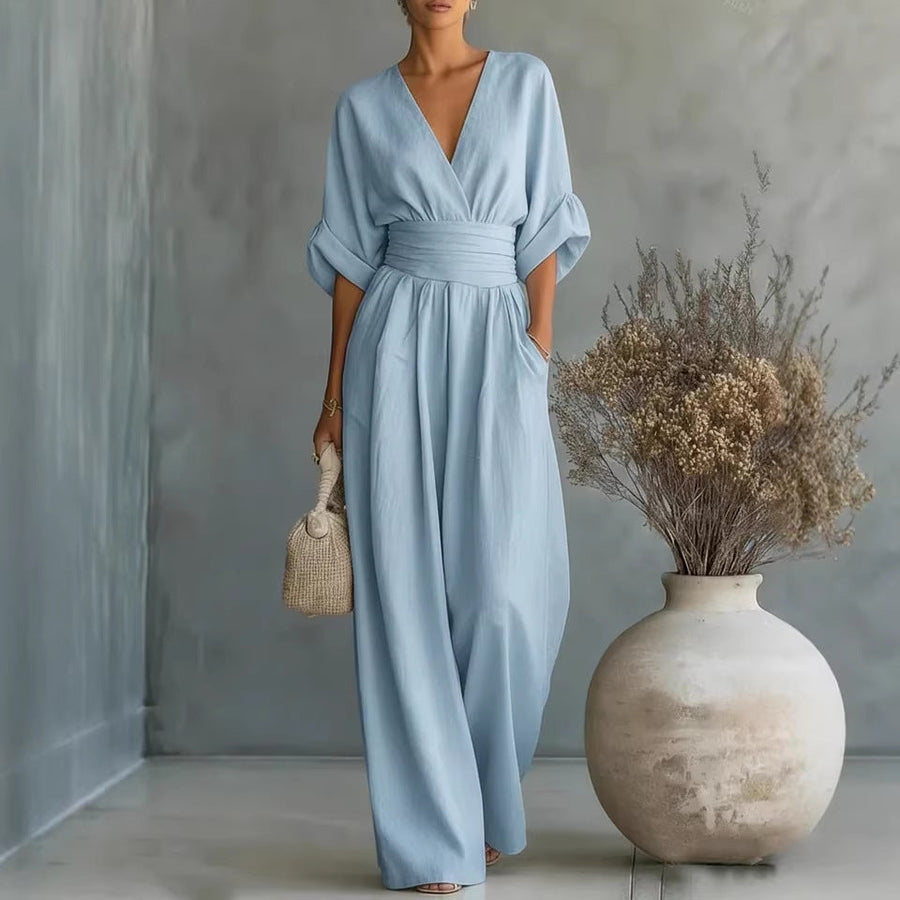 Elegant V-Neck Dress, Backless with Flowing Sleeves