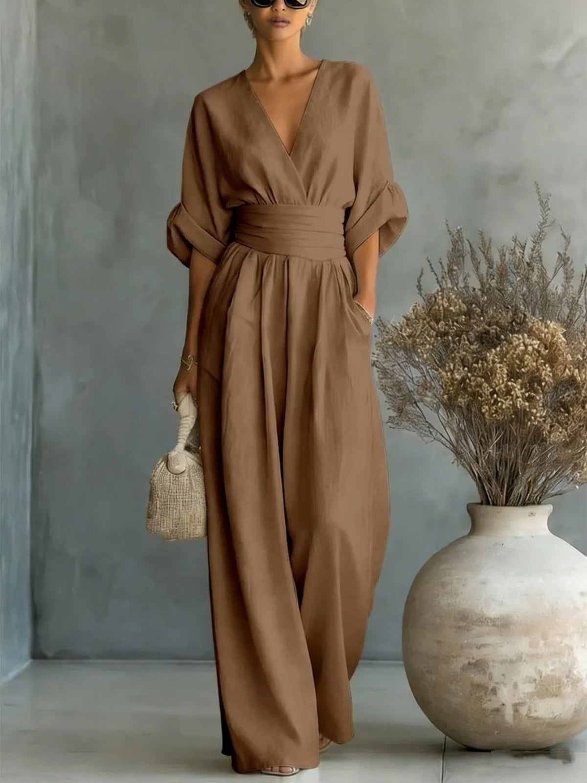 Elegant V-Neck Dress, Backless with Flowing Sleeves