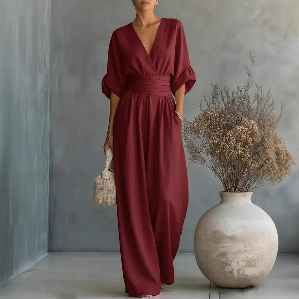 Elegant V-Neck Dress, Backless with Flowing Sleeves