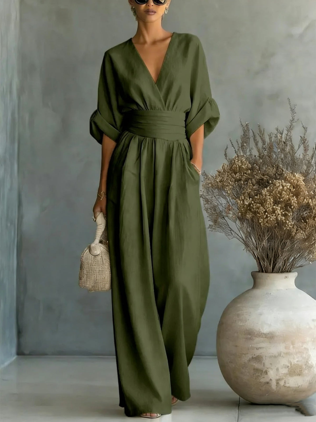 Elegant V-Neck Dress, Backless with Flowing Sleeves