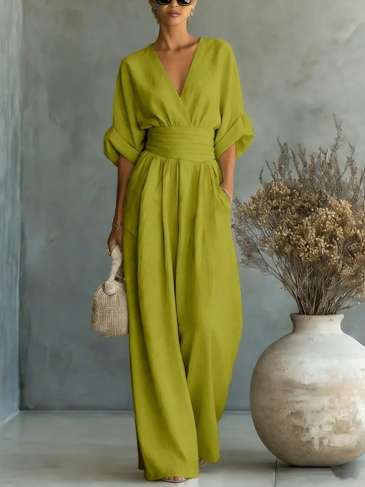 Elegant V-Neck Dress, Backless with Flowing Sleeves