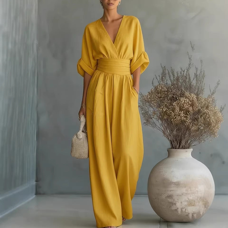 Elegant V-Neck Dress, Backless with Flowing Sleeves