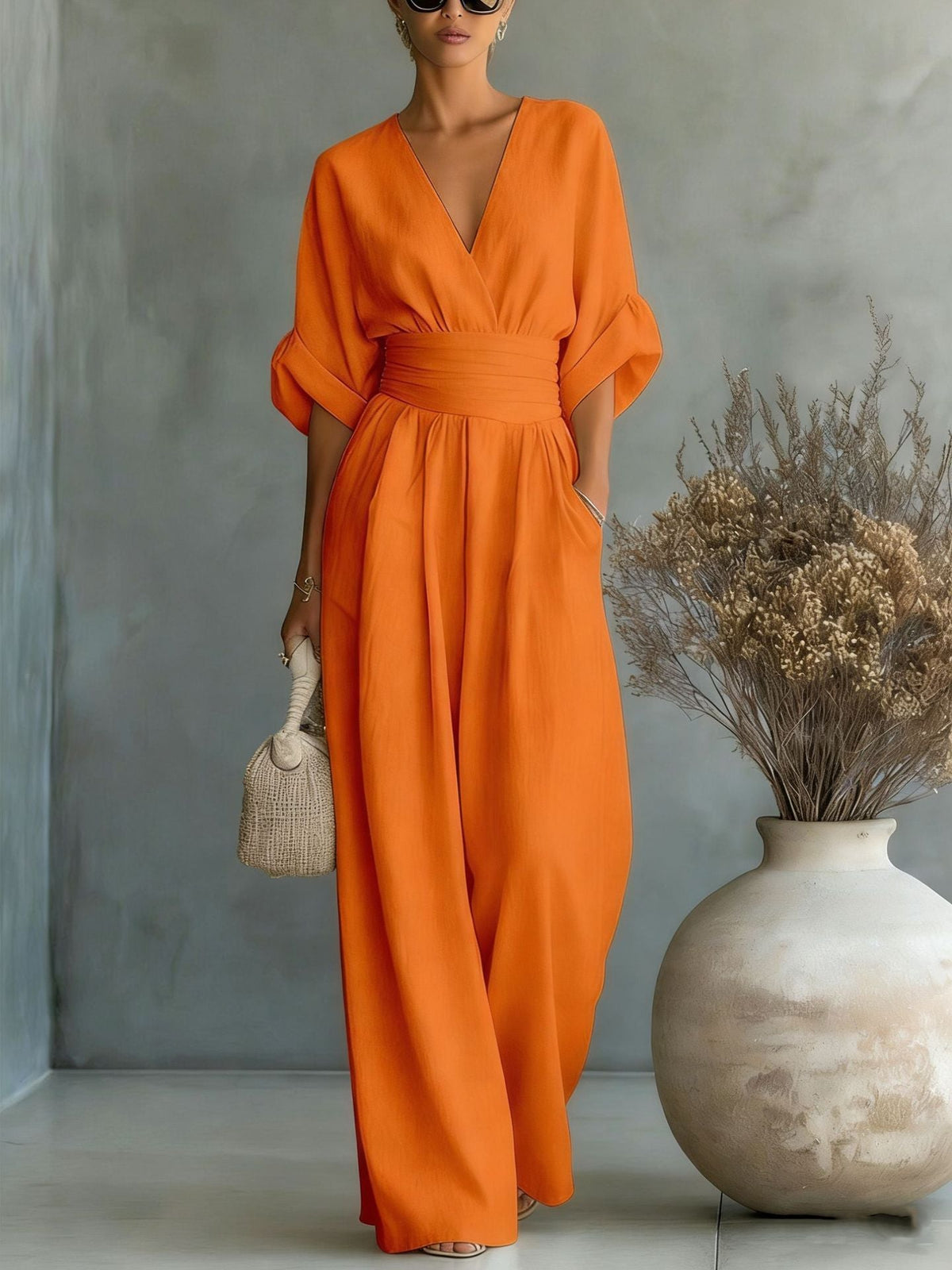 Elegant V-Neck Dress, Backless with Flowing Sleeves