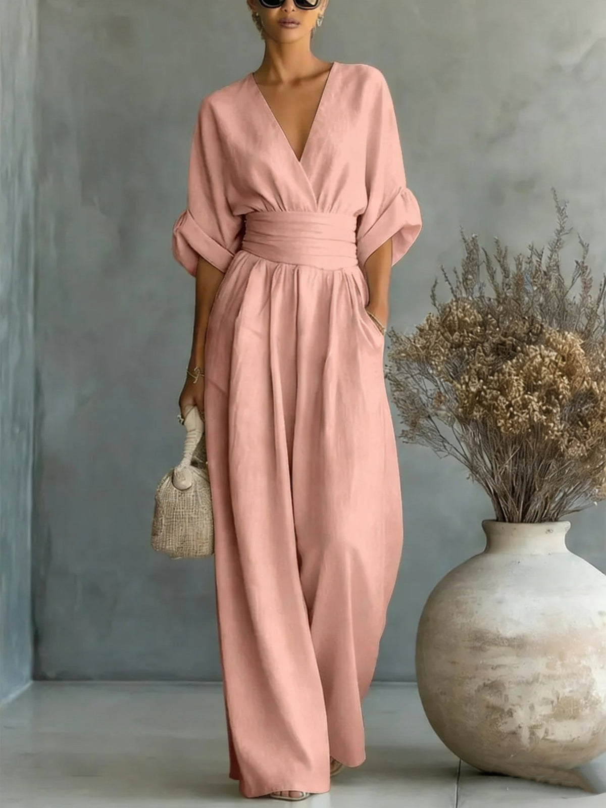 Elegant V-Neck Dress, Backless with Flowing Sleeves