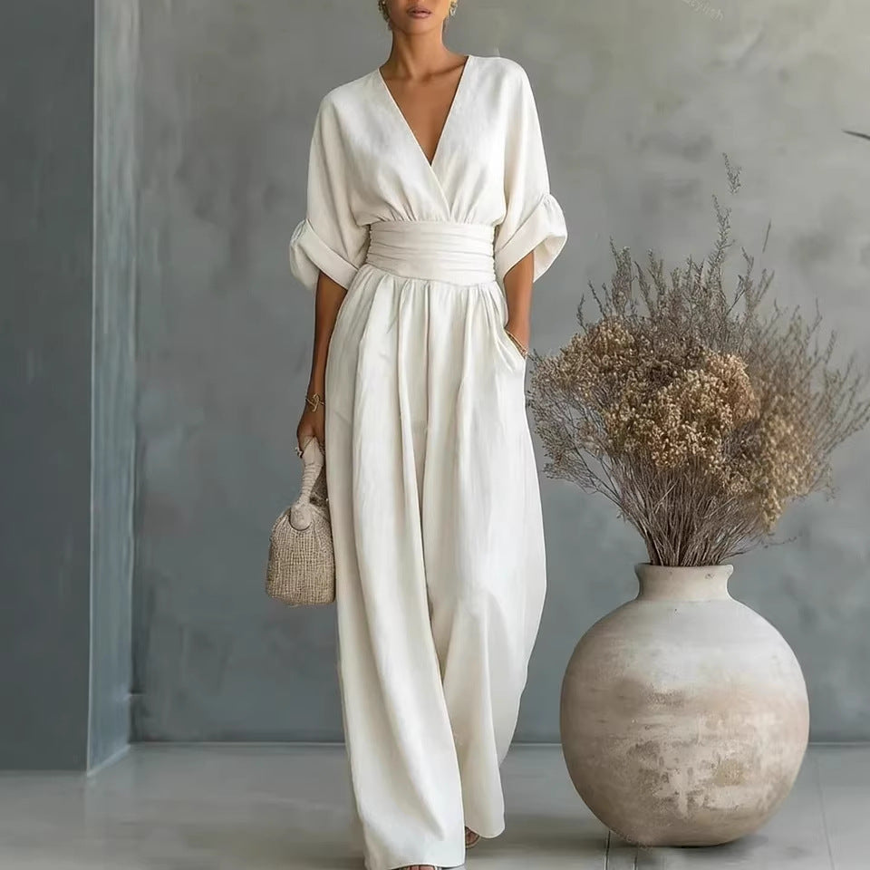 Elegant V-Neck Dress, Backless with Flowing Sleeves