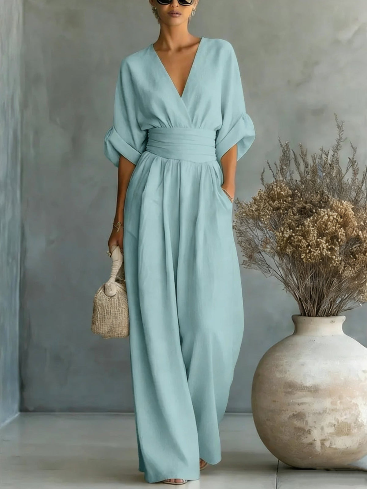 Elegant V-Neck Dress, Backless with Flowing Sleeves