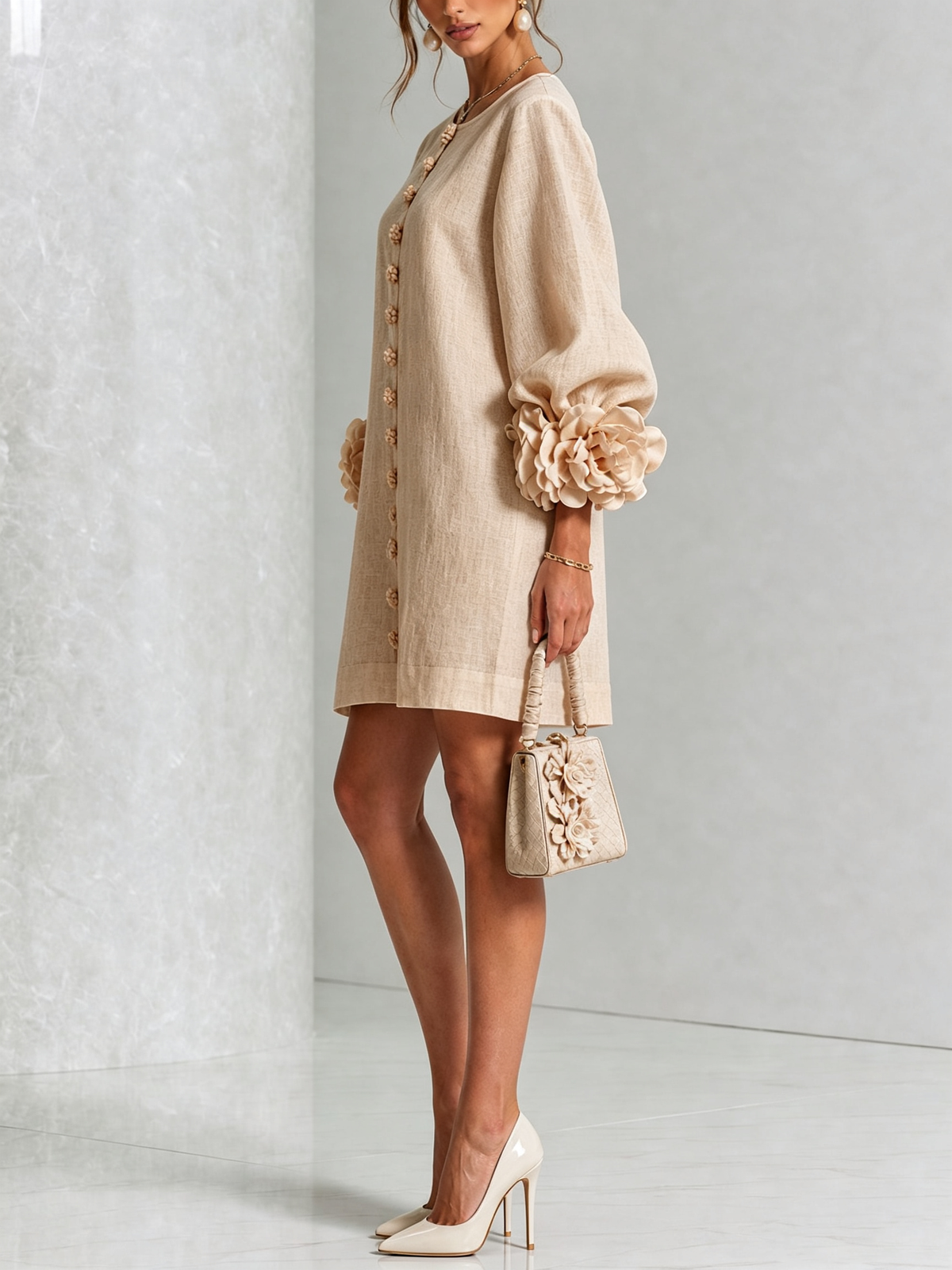 Joséphine™ | White Floral Buttoned Mini Dress with Flower Sleeves