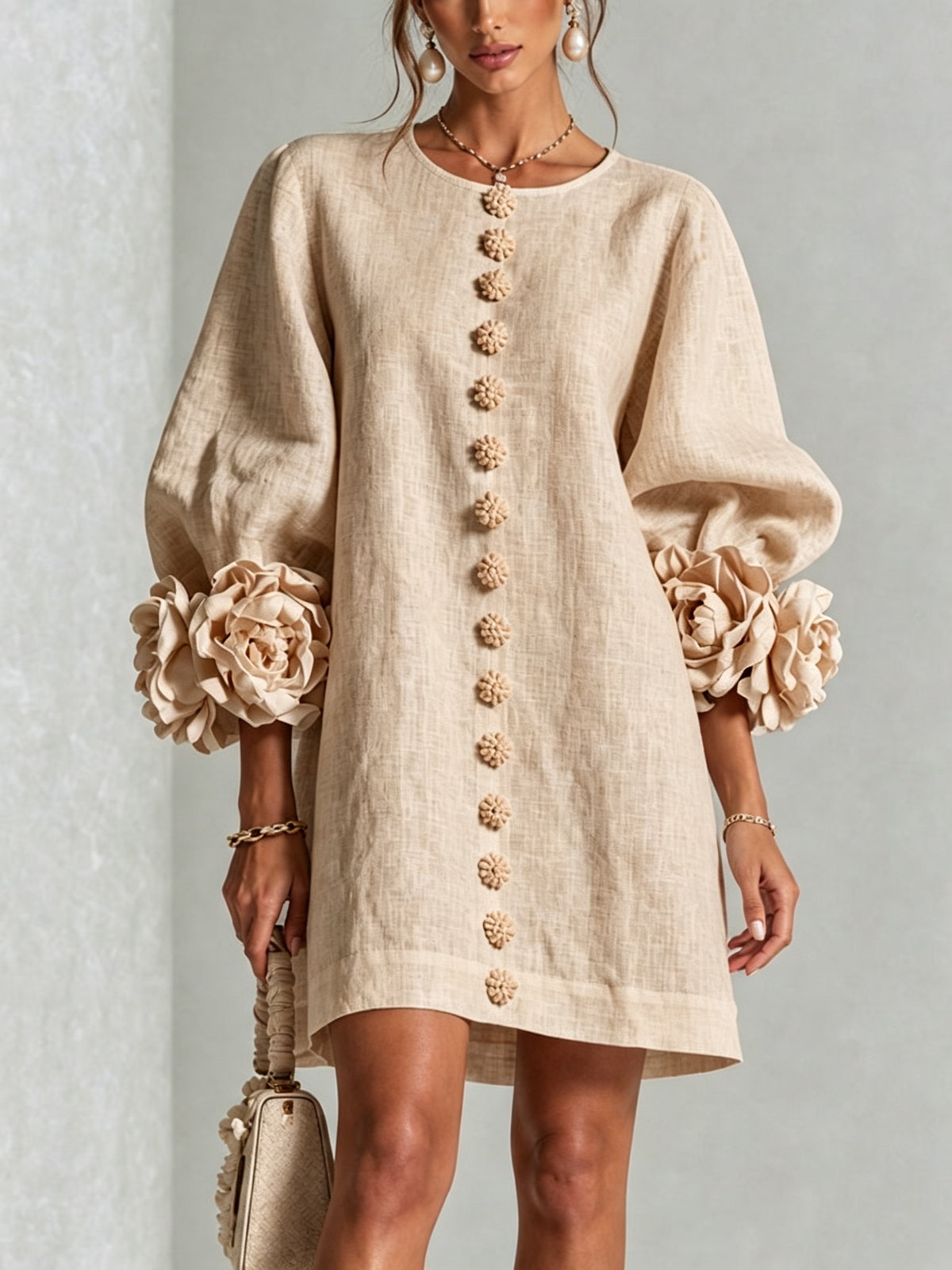Joséphine™ | White Floral Buttoned Mini Dress with Flower Sleeves