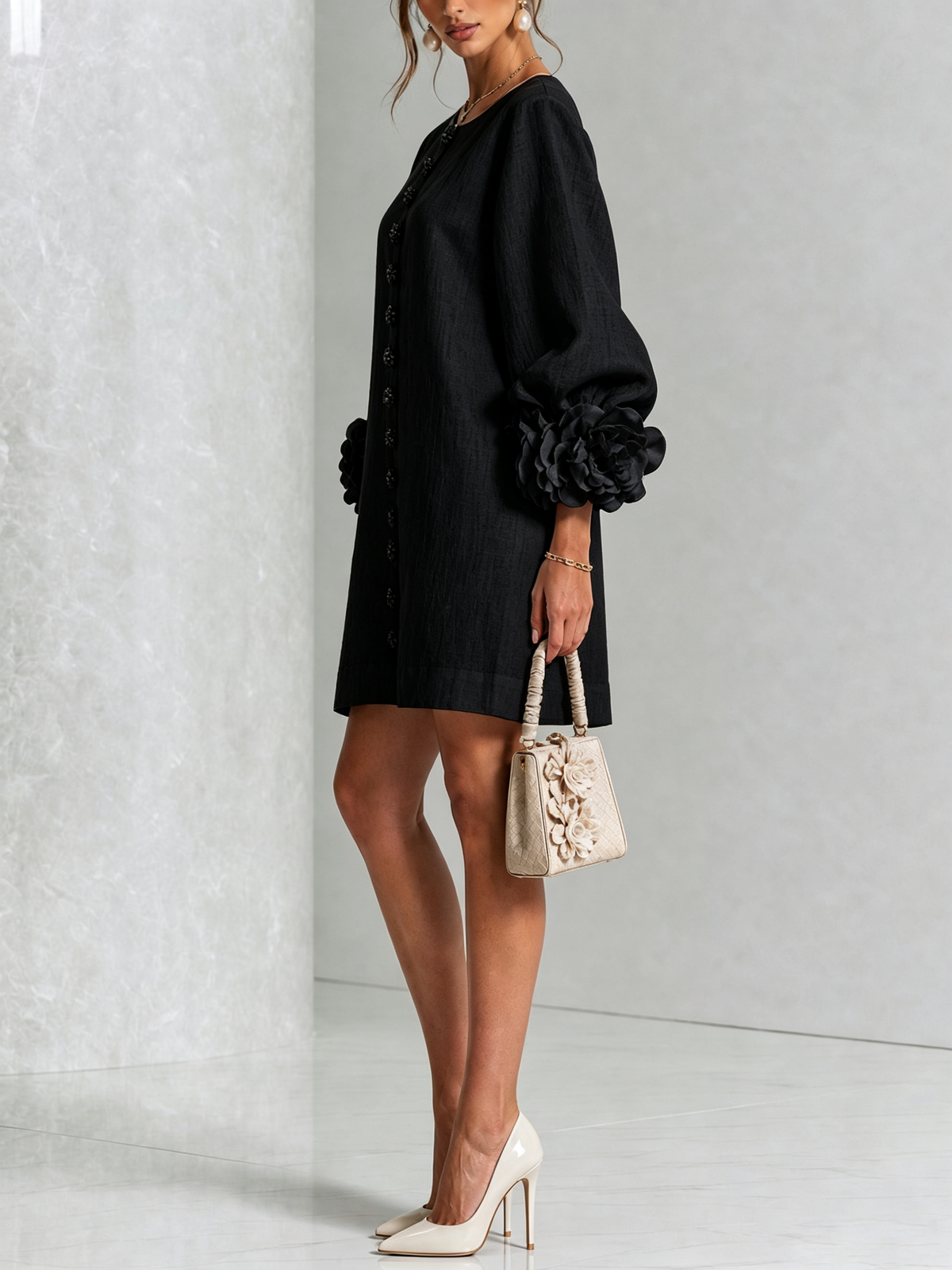 Joséphine™ | White Floral Buttoned Mini Dress with Flower Sleeves