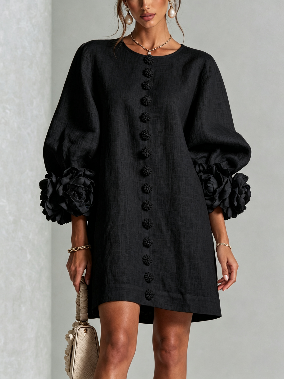 Joséphine™ | White Floral Buttoned Mini Dress with Flower Sleeves