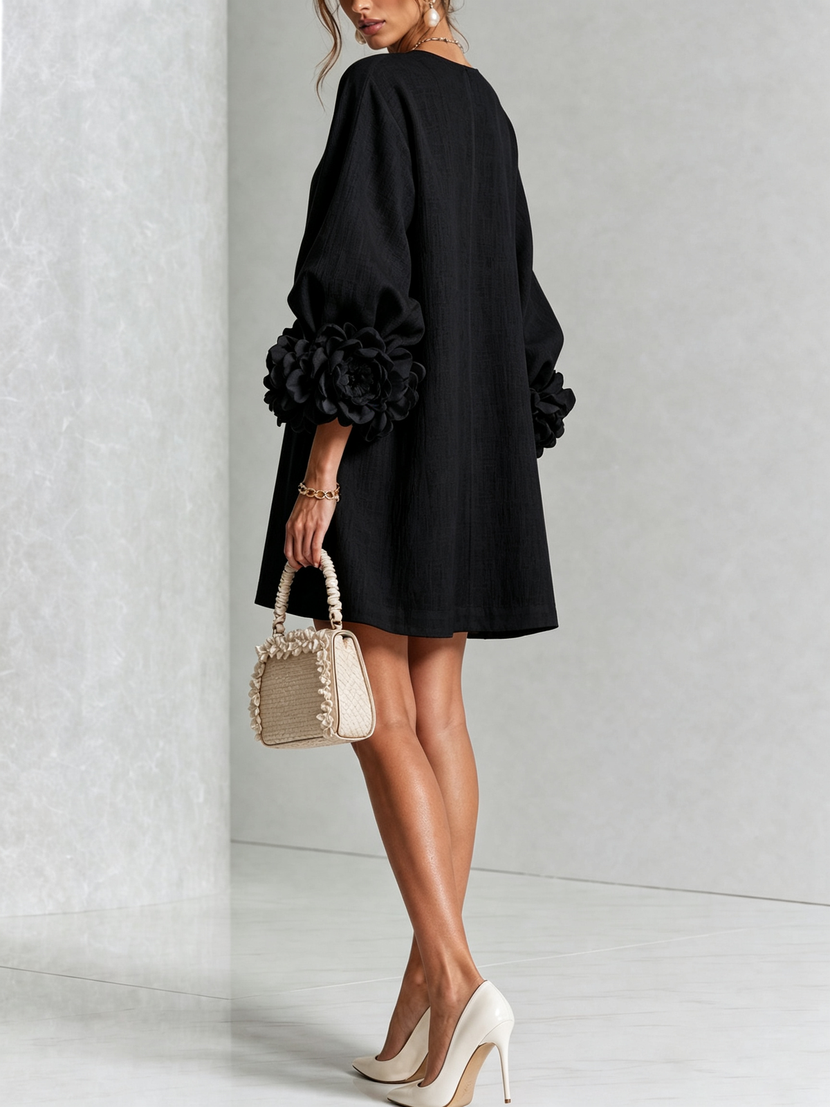 Joséphine™ | White Floral Buttoned Mini Dress with Flower Sleeves