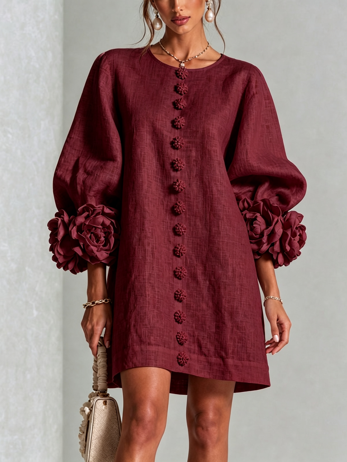 Joséphine™ | White Floral Buttoned Mini Dress with Flower Sleeves