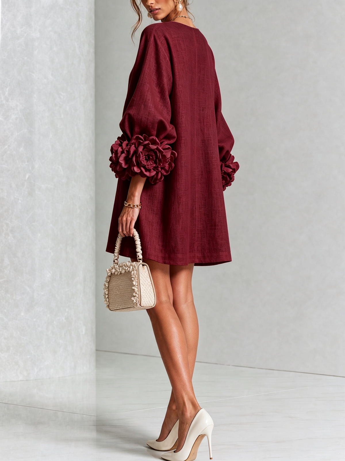 Joséphine™ | White Floral Buttoned Mini Dress with Flower Sleeves