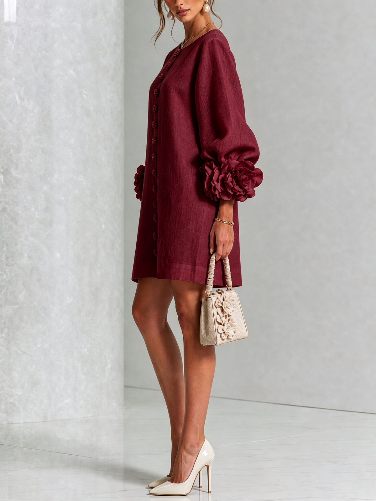 Joséphine™ | White Floral Buttoned Mini Dress with Flower Sleeves