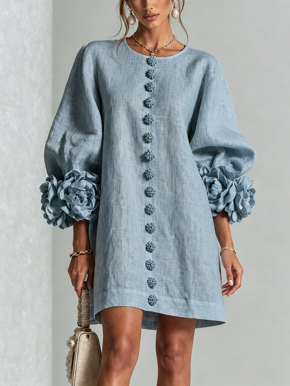 Joséphine™ | White Floral Buttoned Mini Dress with Flower Sleeves