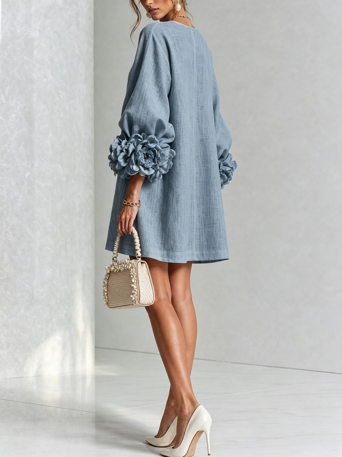 Joséphine™ | White Floral Buttoned Mini Dress with Flower Sleeves