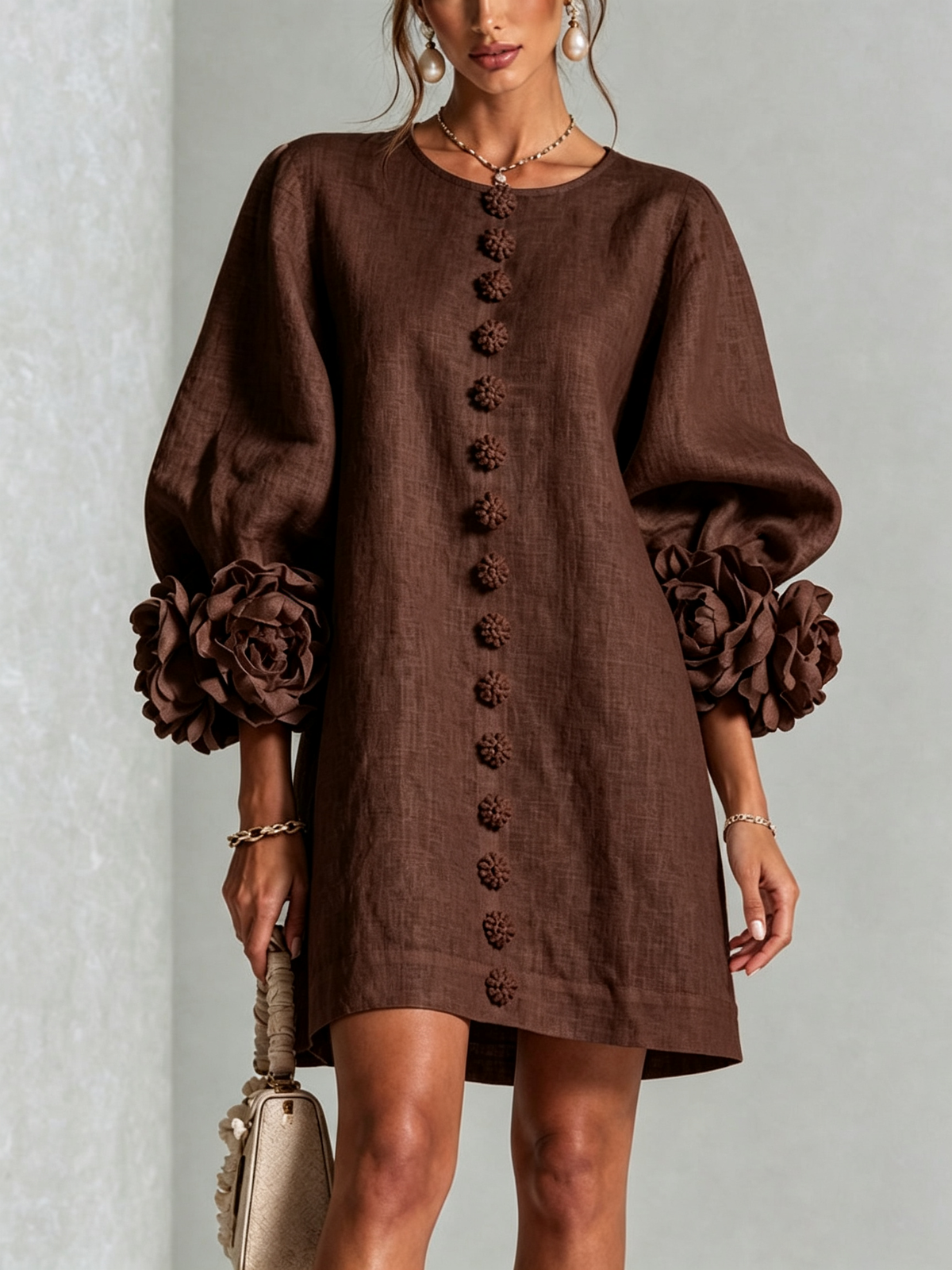 Joséphine™ | White Floral Buttoned Mini Dress with Flower Sleeves
