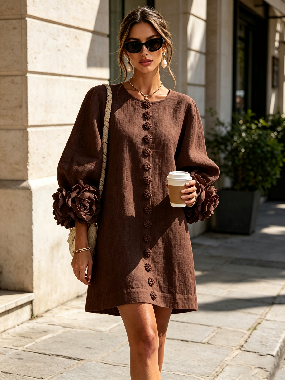 Joséphine™ | White Floral Buttoned Mini Dress with Flower Sleeves