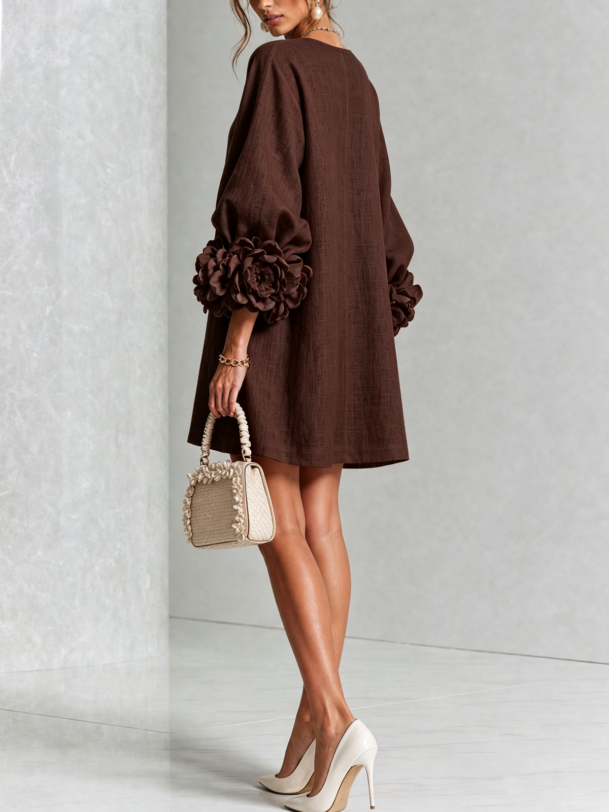 Joséphine™ | White Floral Buttoned Mini Dress with Flower Sleeves
