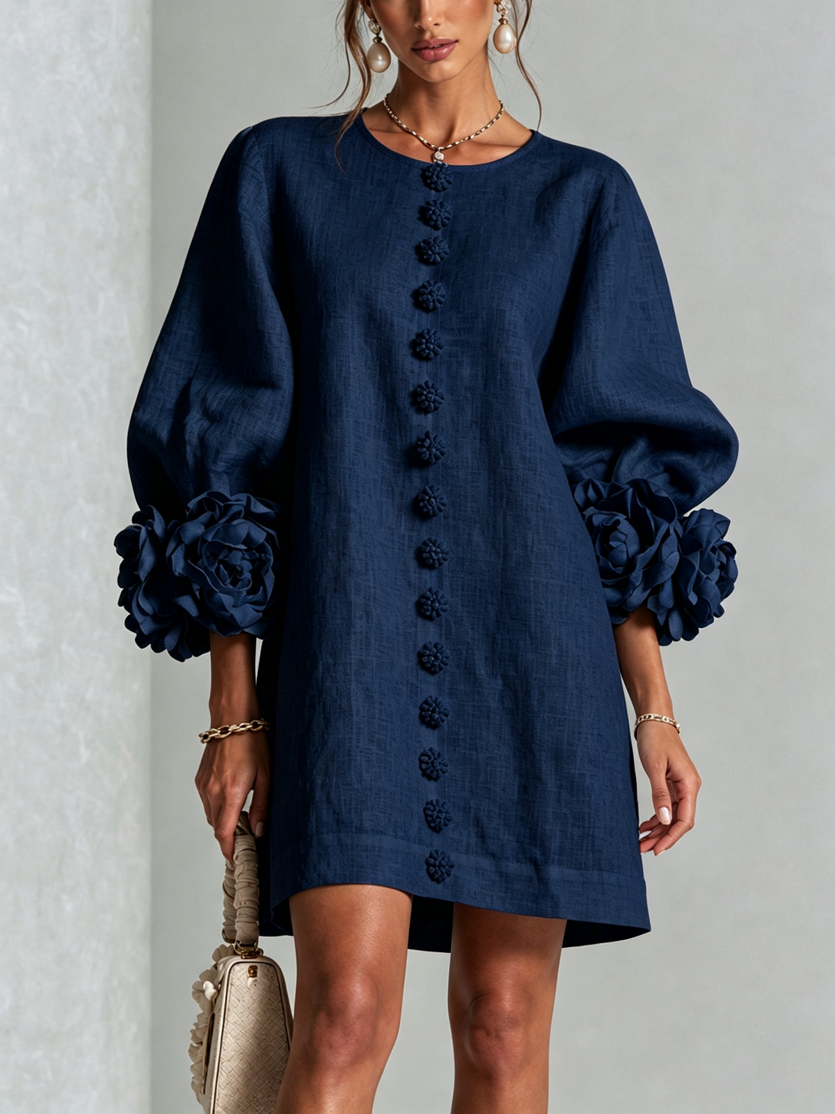 Joséphine™ | White Floral Buttoned Mini Dress with Flower Sleeves