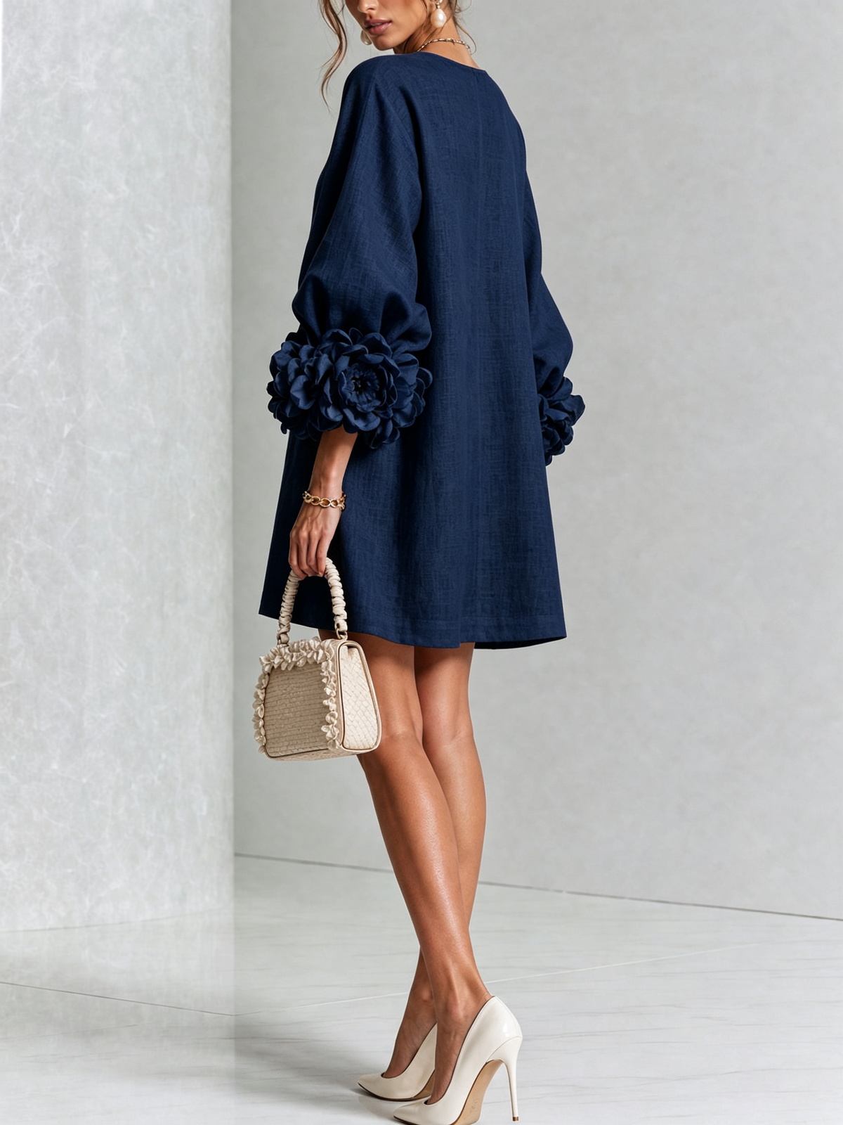 Joséphine™ | White Floral Buttoned Mini Dress with Flower Sleeves