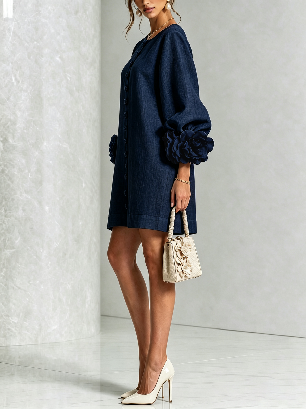 Joséphine™ | White Floral Buttoned Mini Dress with Flower Sleeves